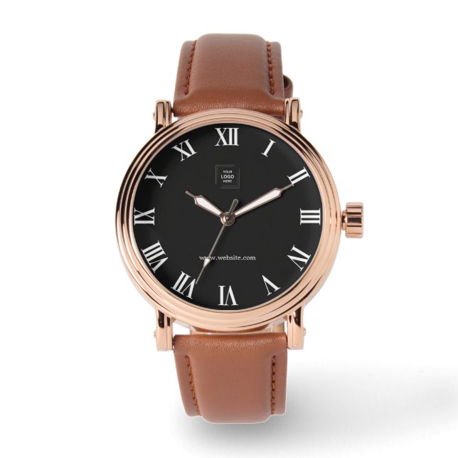Modernes minimalistisches schwarzes Uhren-Logo und Armbanduhr (Vorderseite)