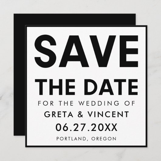 Modernes, minimalistisches Schwarzweiß-Quadrat Save The Date (Vorne/Hinten)