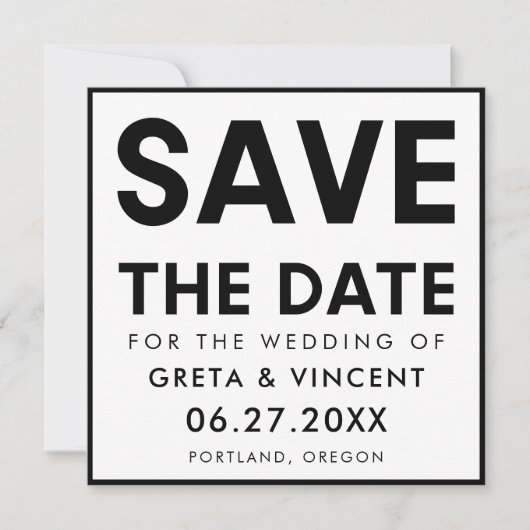 Modernes, minimalistisches Schwarzweiß-Quadrat Save The Date (Vorderseite)