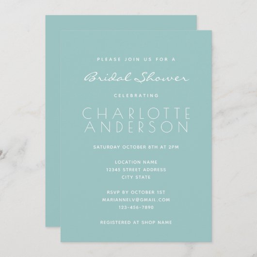 Modernes Minimalistisches Script Aqua Brautparty Einladung (Vorne/Hinten)