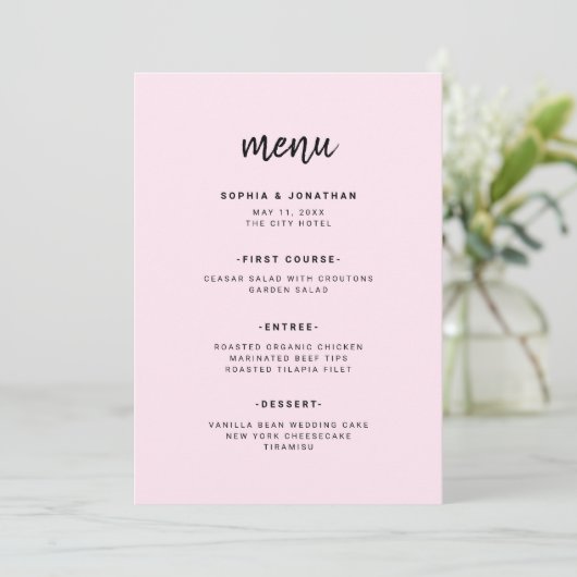 Modernes Minimalistisches Script-Blush | Hochzeit Menükarte (Stehend Vorderseite)