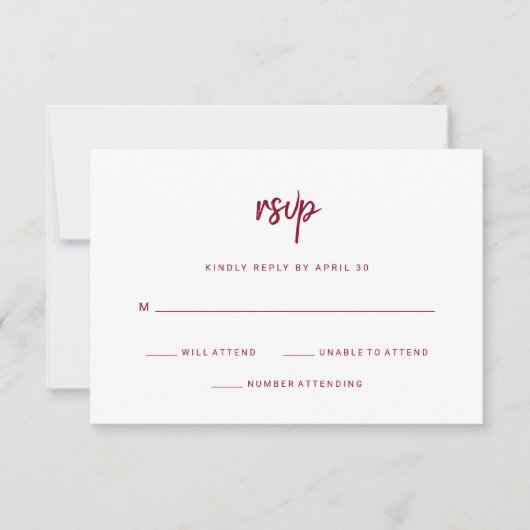 Modernes Minimalistisches Script Burgundy auf Whit RSVP Karte (Vorderseite)