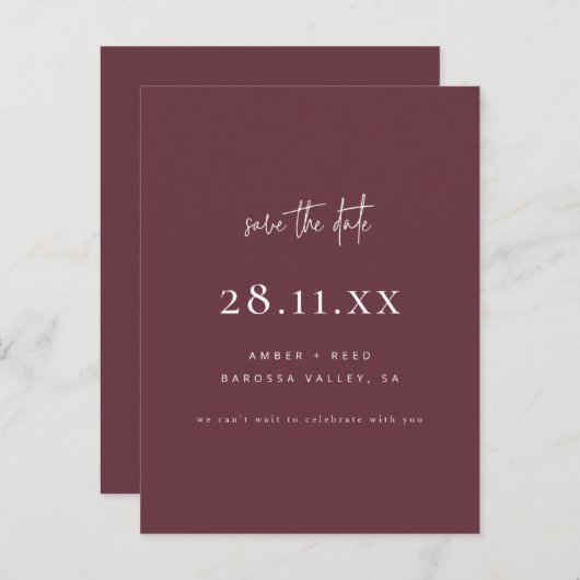 Modernes Minimalistisches Script Burgundy Save the Ankündigungspostkarte (Vorne/Hinten)