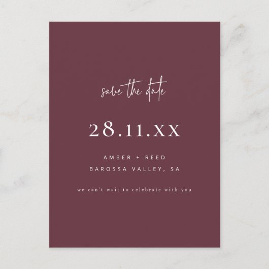 Modernes Minimalistisches Script Burgundy Save the Ankündigungspostkarte (Vorderseite)