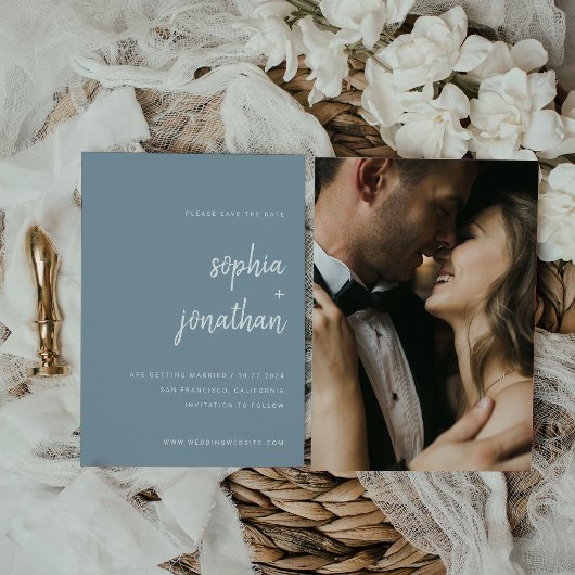Modernes Minimalistisches Script Dusty Blue | Foto Save The Date