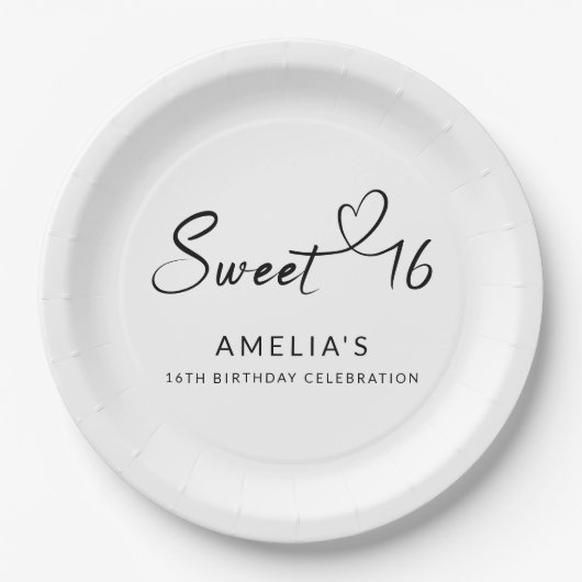 Modernes Minimalistisches Script Heart Sweet 16 Pappteller (Vorderseite)