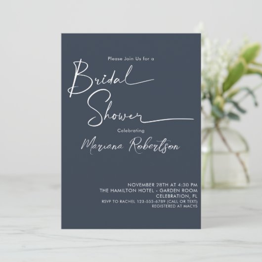 Modernes Minimalistisches Script Navy Blue Brautpa Einladung (Stehend Vorderseite)