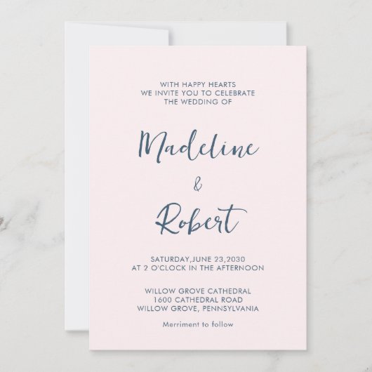 Modernes Minimalistisches Script Pink Blue Wedding Einladung (Vorderseite)