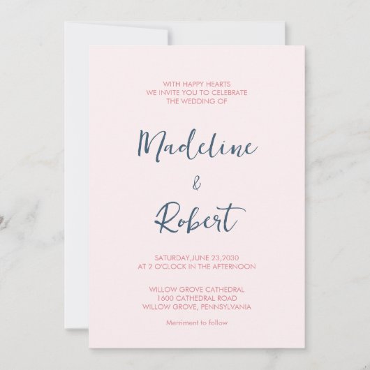 Modernes Minimalistisches Script Pink Blue Wedding Einladung (Vorderseite)