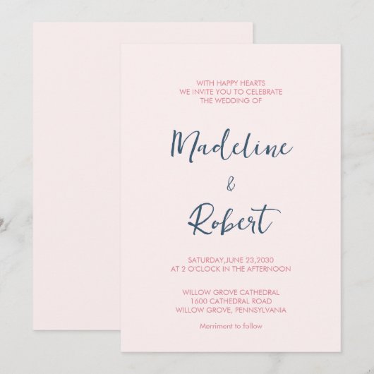 Modernes Minimalistisches Script Pink Blue Wedding Einladung (Vorne/Hinten)