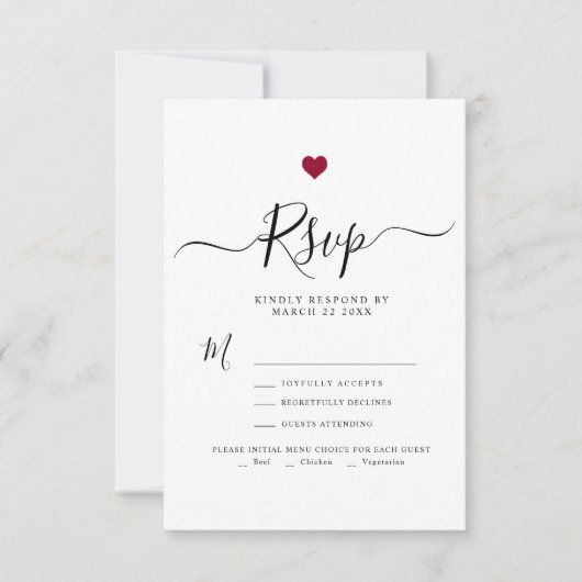 Modernes Minimalistisches Script Red Heart Wedding RSVP Karte (Vorderseite)
