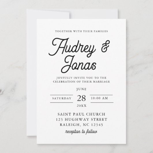 Modernes Minimalistisches Script Schwarz und Weiß Einladung (Vorderseite)