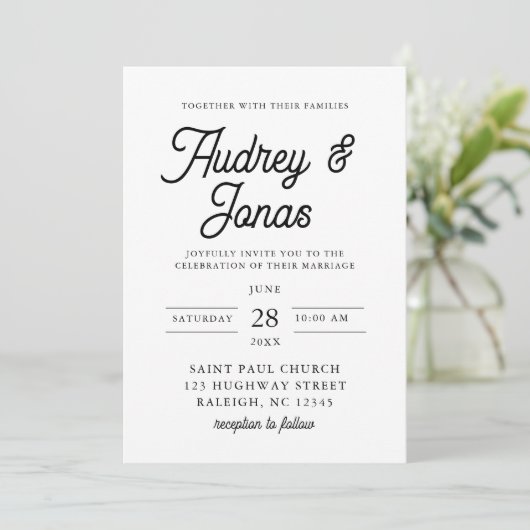 Modernes Minimalistisches Script Schwarz und Weiß Einladung (Stehend Vorderseite)