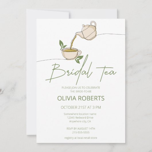 Modernes, minimalistisches Script Tee Party Brautp Einladung (Vorderseite)
