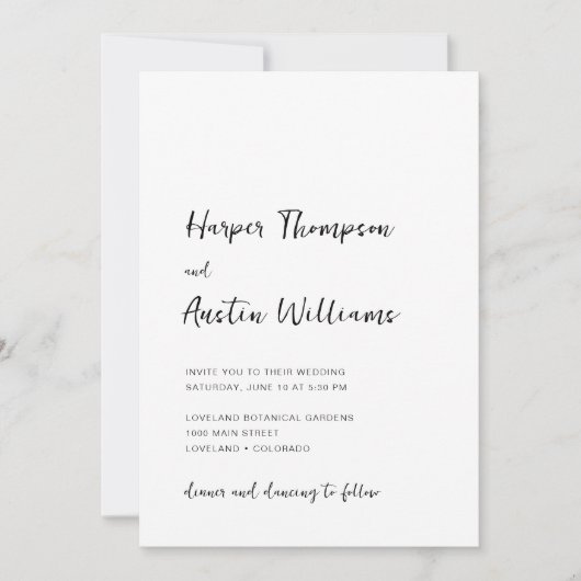 Modernes Minimalistisches Script White Wedding Einladung (Vorderseite)