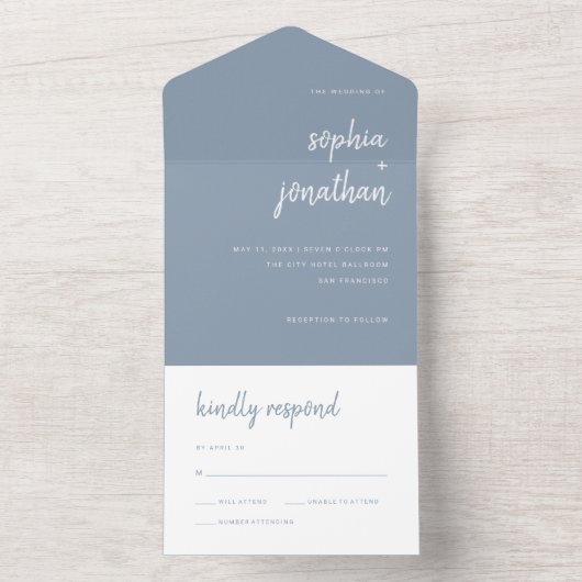 Modernes Minimalistisches Skript | Dusty Blue Wedd All In One Einladung (Innen Boden)