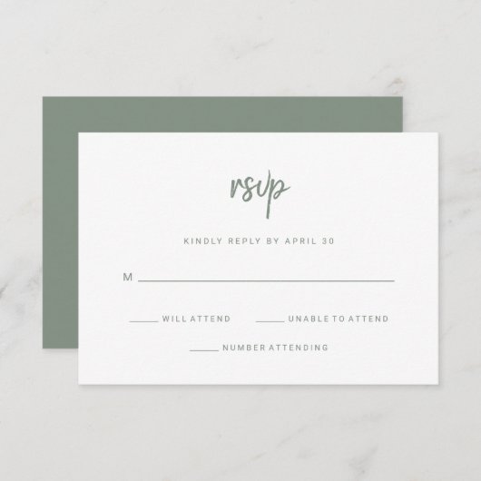 Modernes Minimalistisches Skript | White and Sage  RSVP Karte (Vorne/Hinten)