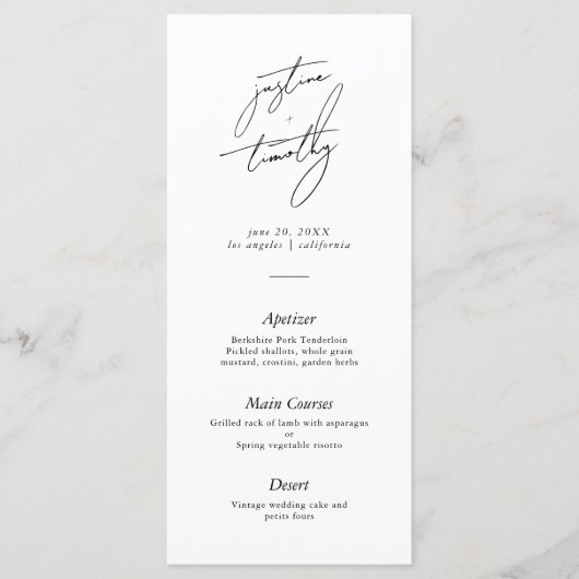 Modernes Minimalistisches SkriptWedding Menu Menükarte (Vorderseite)