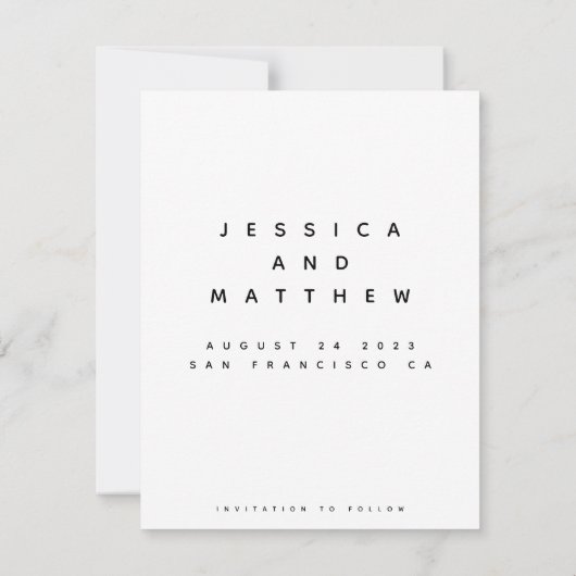 Modernes Minimalistisches, stilvolles Schwarz-Weiß Save The Date (Rückseite)