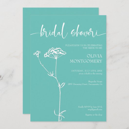 Modernes Minimalistisches türkisfarbenes Brautpart Einladung (Vorne/Hinten)