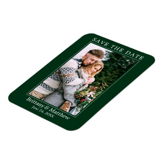 Modernes Minimalistisches Waldgrün Save the Date Magnet (Linke Seite)