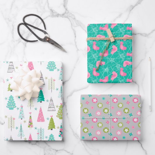 Modernes Minimalistisches Weihnachtsbaum Set Rosa  Geschenkpapier Set (Vorderseite)