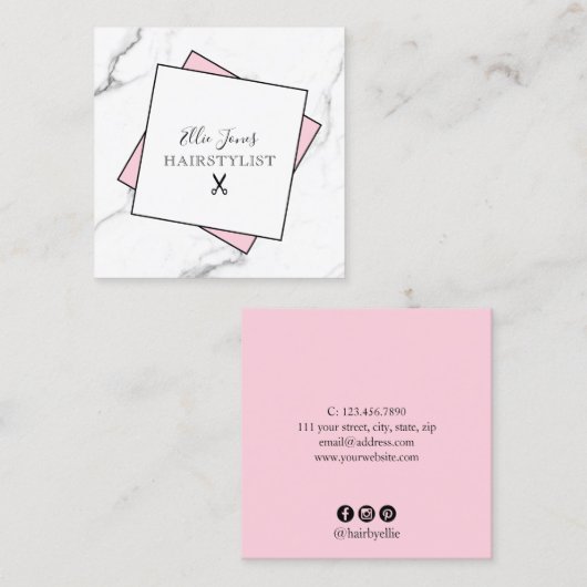 Modernes, minimalistisches weißes Marmor und rosa  Quadratische Visitenkarte (Vorne/Hinten)