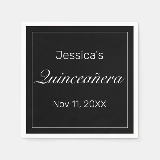 Modernes Minimalistisches Weißes Schwarzes Quinceñ Serviette (Vorderseite)