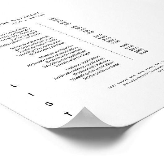 Modernes Minimalistisches Weißsalon-Preismenü Poster (Ecke)