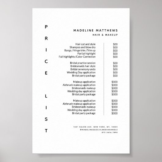 Modernes Minimalistisches Weißsalon-Preismenü Poster (Vorne)