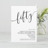 Modernes Minimalistisches White Script 50. Geburts Einladung (Stehend Vorderseite)