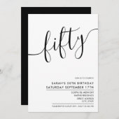 Modernes Minimalistisches White Script 50. Geburts Einladung (Vorne/Hinten)
