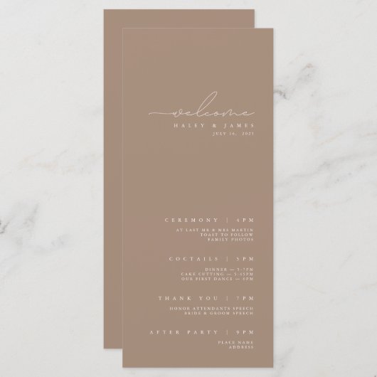 Modernes Minimalistisches White & Taupe Hochzeitsp Menükarte (Vorne/Hinten)