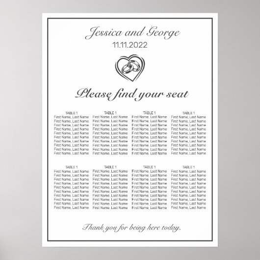 Modernes Minimalistisches White Wedding Chart Poster (Vorne)