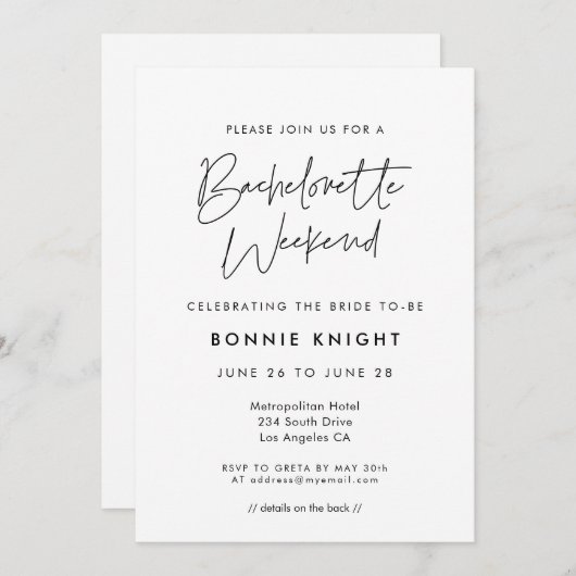 Modernes minimalistisches Wochenende in Bacheloret Einladung (Vorne/Hinten)