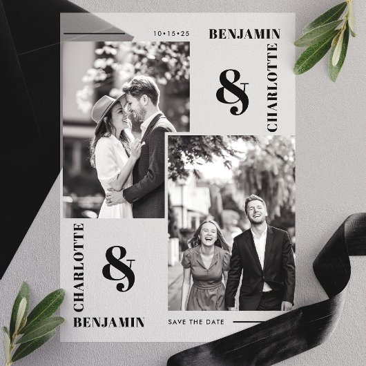 Modernes Minimalistisches Zwei-Foto Save the Date Pergament Einladungen