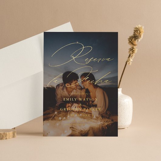 Modernes Minimalkalligrafisches Foto Reserva la Fe Folieneinladung