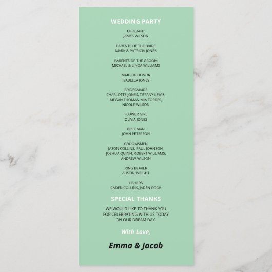Modernes Mint Green Wedding Programm (Rückseite)