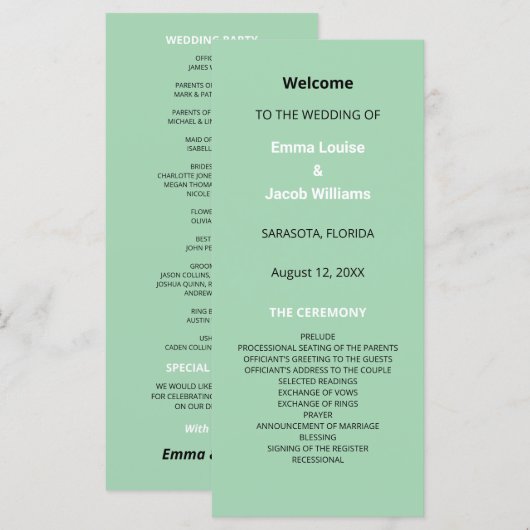 Modernes Mint Green Wedding Programm (Vorne/Hinten)