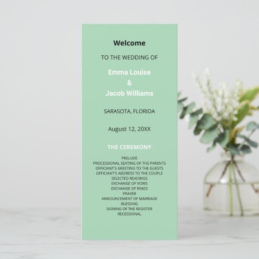 Modernes Mint Green Wedding Programm (Stehend Vorderseite)