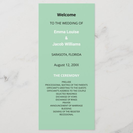 Modernes Mint Green Wedding Programm (Vorderseite)