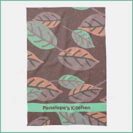 Modernes Minze grünes Orange und Lila Blätter Geschirrtuch