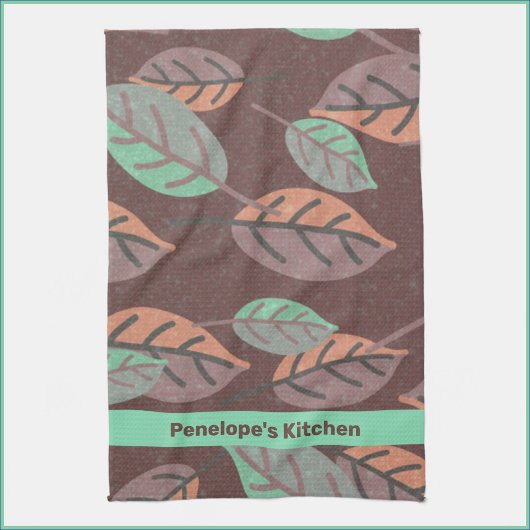 Modernes Minze grünes Orange und Lila Blätter Geschirrtuch