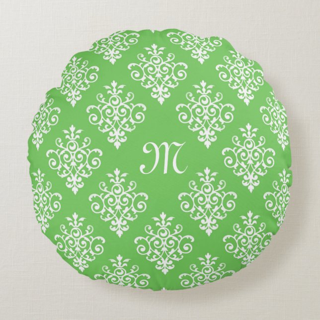 Modernes, Mit Monogramm-helles Green Damask Muster Rundes Kissen (Vorderseite)