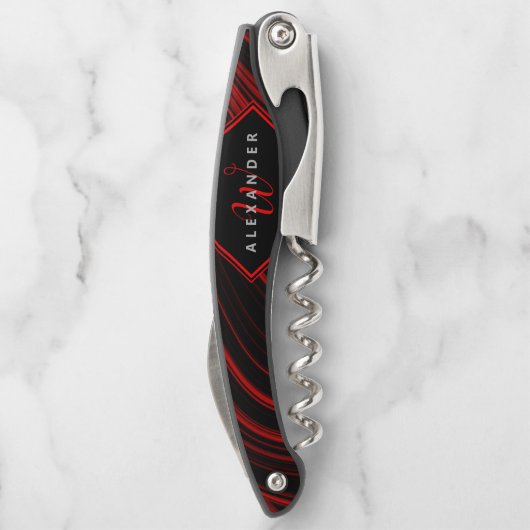 Modernes Mit Monogramm Schwarz-Rot-Abstraktes Must Kellnermesser (Rückseite)