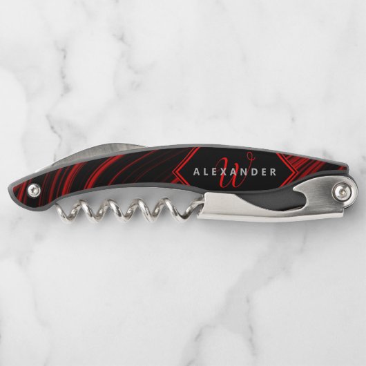 Modernes Mit Monogramm Schwarz-Rot-Abstraktes Must Kellnermesser (Rückseite)