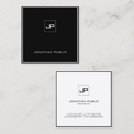 Modernes, Mit Monogramm Schwarz-weißes Elegantes S Quadratische Visitenkarte (Vorne/Hinten)