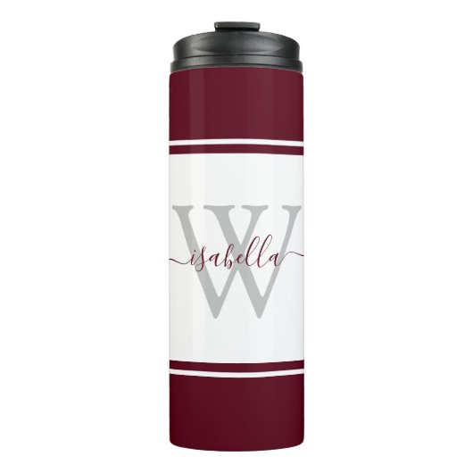 Modernes Mit Monogramm Script Burgundy Thermosbecher (Vorderseite)