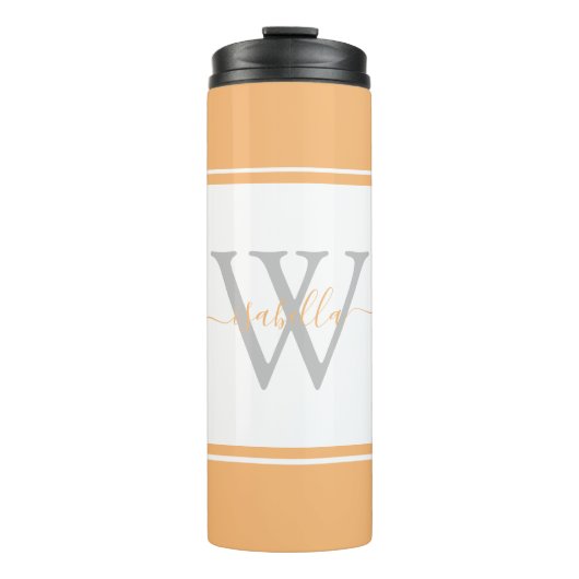 Modernes Mit Monogramm Skriptpeach Thermosbecher (Vorderseite)