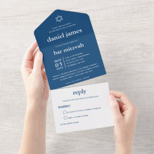 Modernes Mitzvah Navy Blue ALL IN ONE INVITATION Einladung